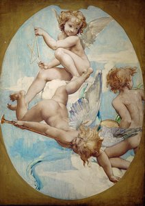Oval Panels in the Grand Foyer Show Putti with Musical Instruments: Trumpet, Triangle and Cymbals by Paul Baudry
