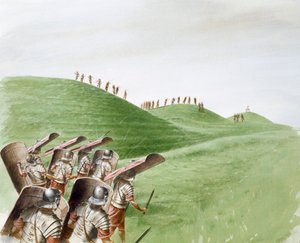 Roman soldiers in battle with Celtic tribes by Paul Birkbeck