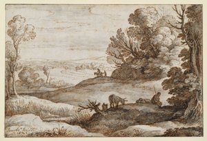 Hilly Landscape with Trees and View, Two Men and a Donkey in the Foreground by Paul Bril