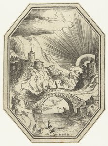 Landscape with Stone Bridge in Octagonal Frame by Paul Bril