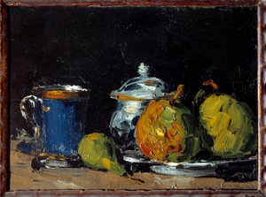 Sugar bowl, blue cup and pears