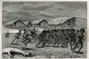 Descent of the Papus Arfaks Warriors in Dorey (New West Guinea) (engraving by E. Mesples, to illustrate the voyage to New Guinea by Achille Raffray, 1876-1877)