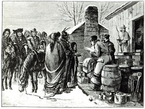 Reservation Indians receiving rations from government agents by Paul Frenzeny