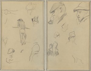 A Man Leaning on a Wall with Five Other Studies; Two Bearded Men Wearing Hats, and Five Other Studies