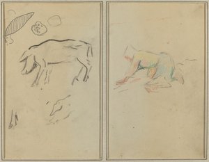 A Pig; Breton Peasant Kneeling by Paul Gauguin