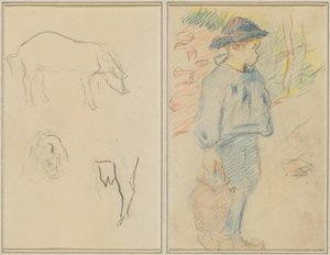 Three Studies of a Pig; Breton Boy Walking with a Jug by Paul Gauguin