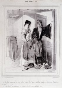 2 poor women in conversation on the stairs about men, “Les Lorettes”, Gavarni, c. 1840