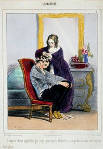 A mother puts curlers on her son