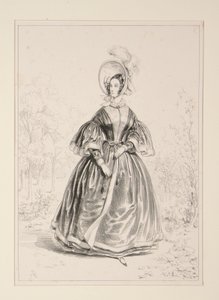 Pelisse in grosgrain fabric, lined with satin and trimmed with crêpe. Plush hat.