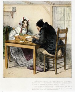 Public writer writing a letter for a young woman: engraving by Gavarni by Paul Gavarni