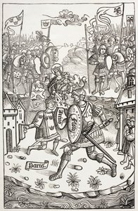 King Arthur Protected by the Virgin, Fighting a Giant (After Woodcut in Chroniques de Bretagne) by Paul Lacroix