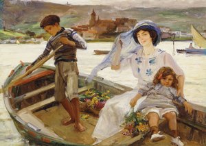 A Mother and Child Being Ferried Across a River with a Town Beyond by Paul Michel Dupuy