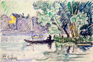Fisherman in a Boat Near a Bank of the Seine