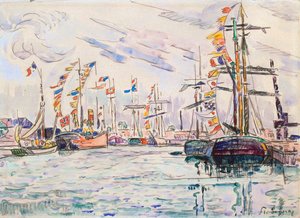 Sailboats with Holiday Flags at a Pier in Saint-Malo by Paul Signac