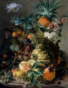 Still Life of Fruits and Flowers. Painting by Paul Theodor van Brussel. Private Collection.