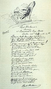Poem sign of the French poet Paul Verlaine (1844-1896) with sketch of the representative during a reading. 21/11/1893 by Paul Verlaine