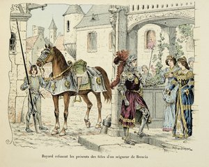 Illustration taken from the book Histoire du chevalier Bayard by Theodore Cahu, illustrated by Paul De Semant: Bayard refusing the presents of the daughters of a lord of Brescia 1512