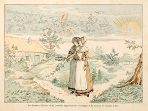 Illustration taken from the book Joan of Arc by Theodore Cahu and illustrated by Paul De Semant: Allegory to the memory of Joan of Arc; the women of Alsace and Lorraine bring crowns to the house of Joan of Arc