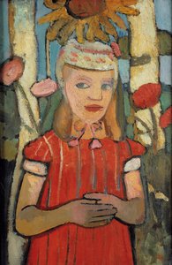 Girl in red dress in front of sunflower, 1907