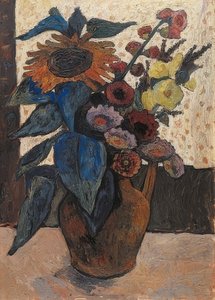 Still Life with Sunflowers, Hollyhocks, and Dahlias by Paula Modersohn Becker