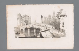 View of a Bridge with Gate, Church in the Background