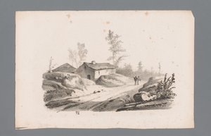 Heuvellandschap met landweg en huizen (series title) by Paulus Lauters