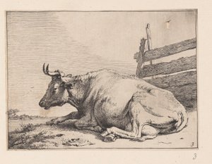 The Cow Lying Down near a Fence, from Various Oxen and Cows by Paulus Potter