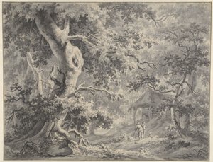 Forest Scene with Two Figures by a Hut by Paulus van Liender