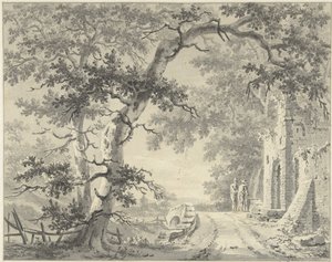 Two figures on a bridge near a ruin by Paulus van Liender