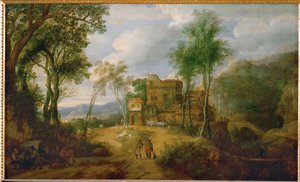 Mountain landscape with castle by Peeter Snayers