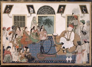 A European, probably Sir David Ochterlony, in Indian dress, smoking a hookah and watching a nautch in his house at Delhi by Persian School