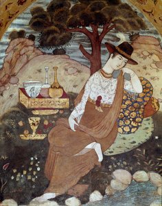 A Persian princess under the rule of Abbas I, resting 17th century. Fresco from the Palace of the 40 Columns (Chehel Sotoun) in Isfahan, Iran. by Persian School