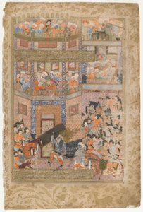 Ali lifts the gates of Qamus, from a Rawzat al-safa