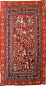 An Embroidered Hanging of Red Wool Facecloth with Rows of Figures Enacting the Life of Joseph