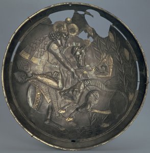 Dish decorated with a scene of Prince Varahran out hunting, Sassanid dynasty (226-651)