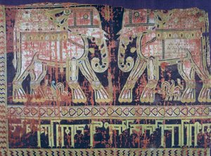 Elephants and inscription by Turkish general Abu Mansur Bukhtegin, silk fabric made in Iran in 10th century (detail) by Persian School