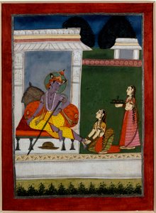 Krishna resting. A servant massages his feet. Persian miniature of the Indian school of the 17th century by Persian School