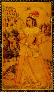 Interior of a Mirror Case Painted with a Stylised European Lady Holding a Wine Cup and Bottle by Persian School