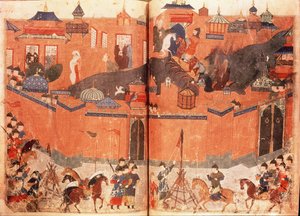 Mongols under the leadership of Hulagu Khan storming and capturing Baghdad in 1258, from a book by Rashid al-Din (1247-1318)