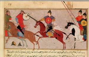 Genghis Khan (c.1162-1227) Fighting the Tartars, from a book by Rashid-al-Din (1247-1318)
