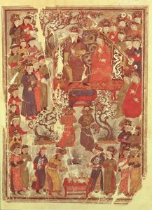 Genghis Khan and his wife Bortei enthroned before courtiers, folio from a book called Jami al Tawarikh by Rashid ad-Din