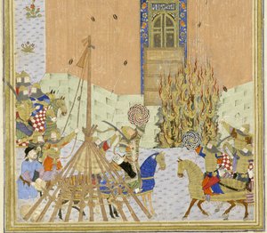 Detail: The fortress of Gang Dizh attacked with mines, illustration from the Shahnama (Book of Kings), by Abul-Qasim Mansur Firdawsi, 1444 by Persian School