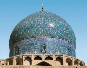 Persian architecture (Safavid): the dome of the Royal Mosque (or Masjid I-Shah): detail of the ceramics from the entrance. 1612-1630. Isfahan, Iran.