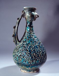 Persian Art: Ceramic Aquamarine with Rooster Head and Decorations Inspired by the Waq Waq Tree. From Kashan. 13th Century Paris, Louvre Museum by Persian School