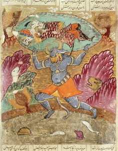 Rostam carried by Akwan-Diwa, illustration from the Shahnama (Book of Kings) by Abul-Qasim Manur Firdawsi, 1619 by Persian School