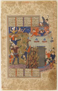 Rustam and his men attack the fortress of Gang Dizh from a Shahnama