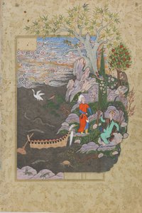 Salaman and Absal repose on the happy isle, folio from a Haft awrang (Seven thrones) by Jami, probably Mashad, Khurasan, Iran, Safavid dynasty, 1556-1565