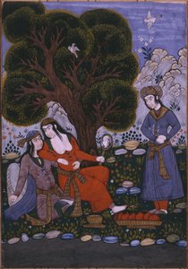 Servant bringing fruits to a couple in a garden