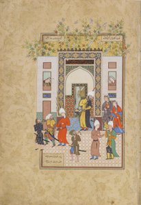 The infant witness testifies to Yusufs innocence, folio from a Haft awrang (Seven thrones) by Jami, probably Mashad, Khurasan, Iran, Safavid dynasty, 1556-1565