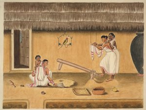 Women husking paddy with a dhenki, c.1840 by Persian School